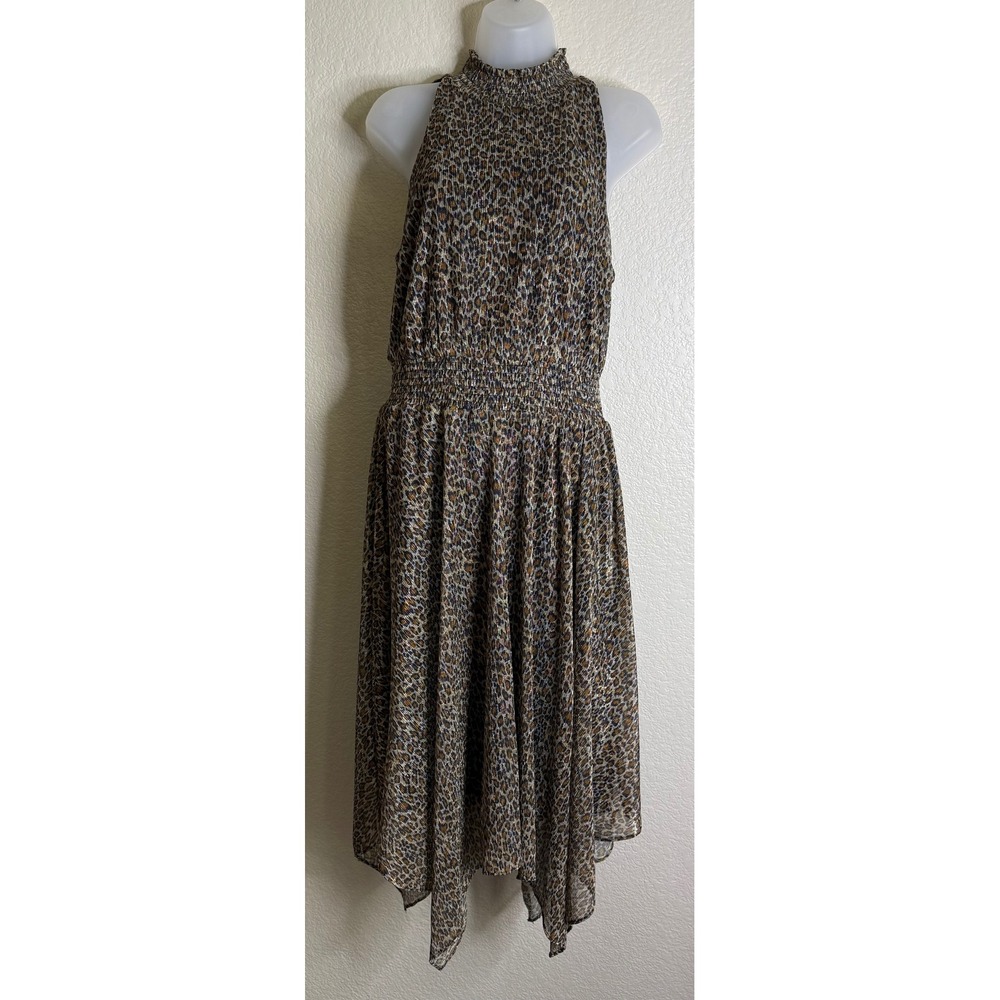Sam Edelman Womens 8 Midi Dress Leopard Metallic Smocked Handkerchief Hem NEW